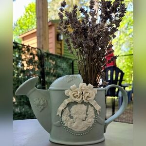 Ceramic Sage Green Vintage Watering Can Planter/Vase, Victorian-Style Cameo Rose